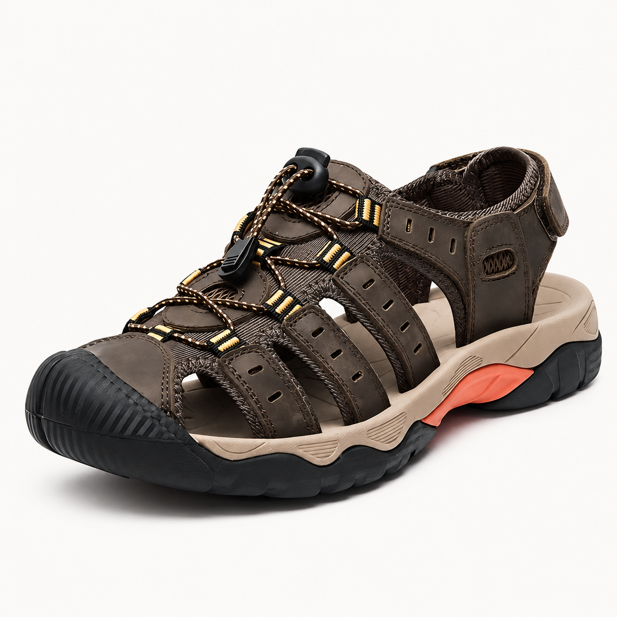Sandales intérieur cuir randonnée marron foncé et beige – vue trois-quarts