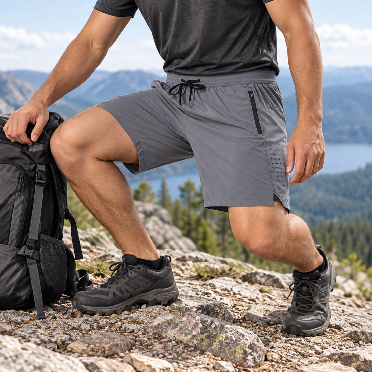 05 short de randonnee homme avec ceinture gris accroupi