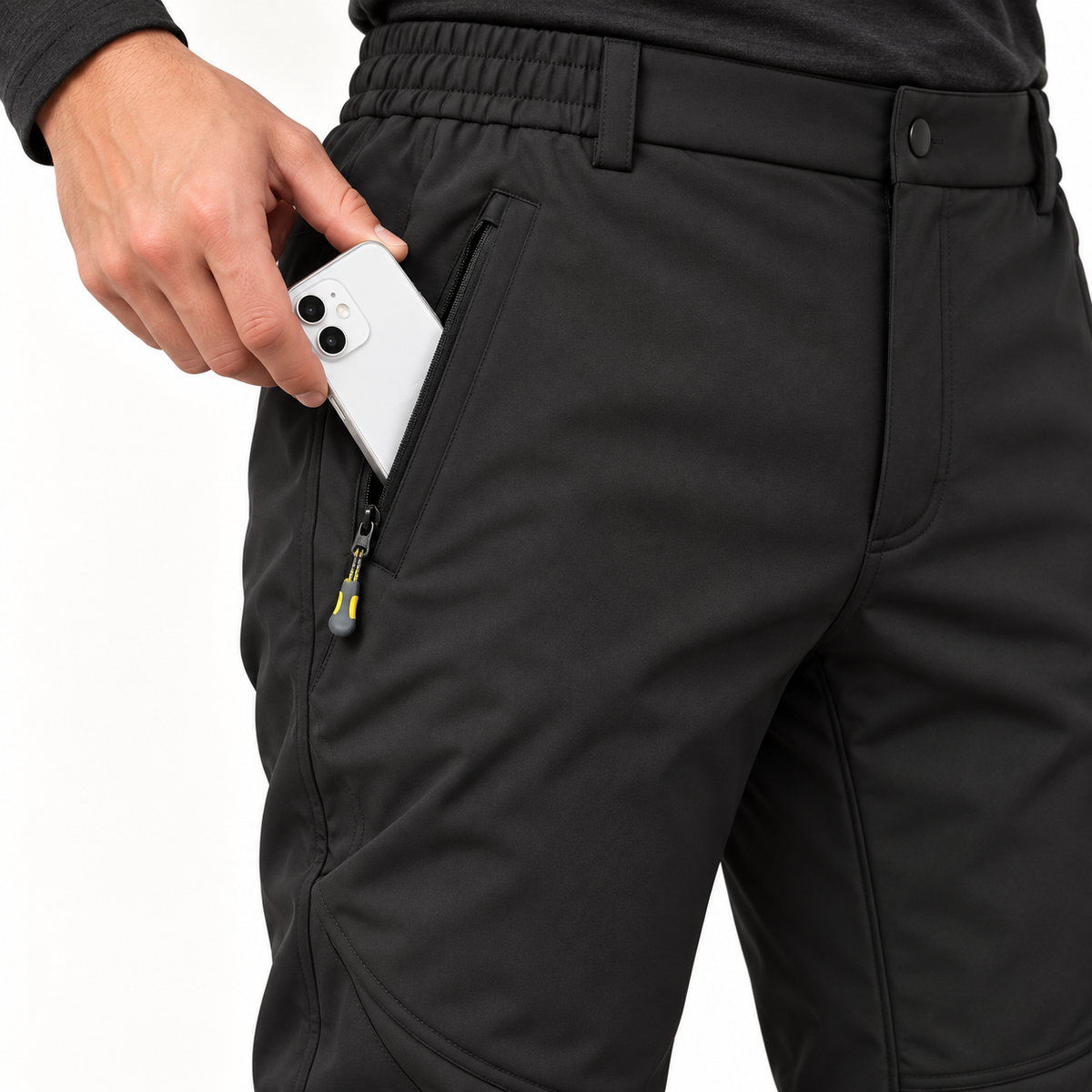 Sur pantalon imperméable randonnée noir — poche zippée avec téléphone