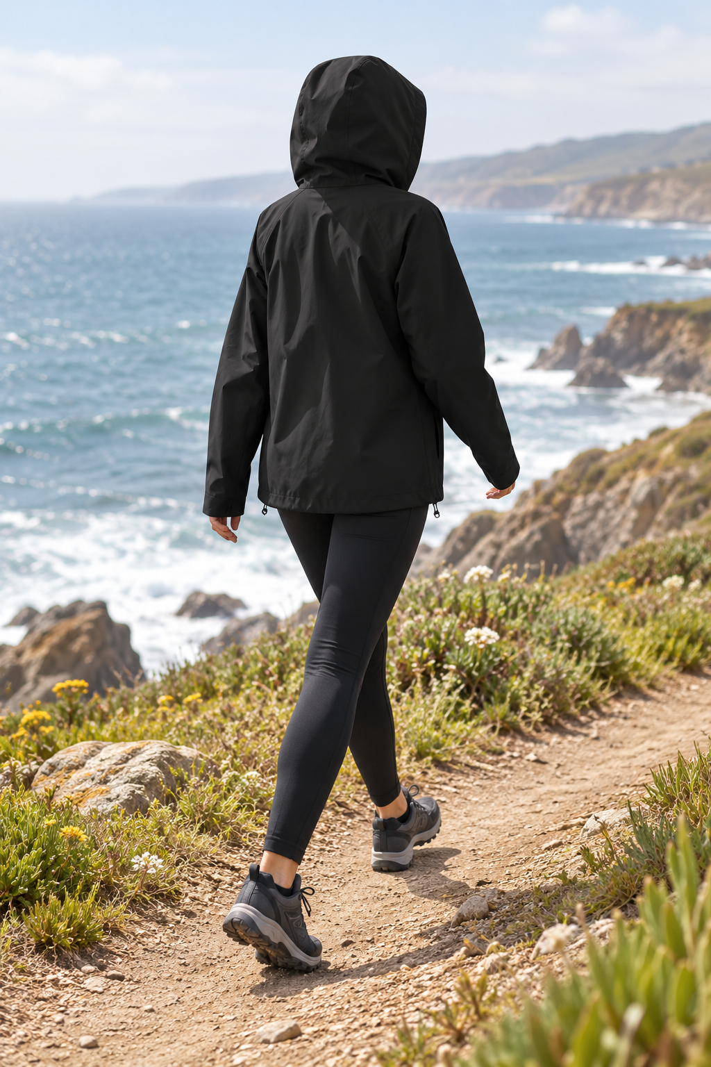 Veste mi saison randonnée femme noire portée sur sentier côtier