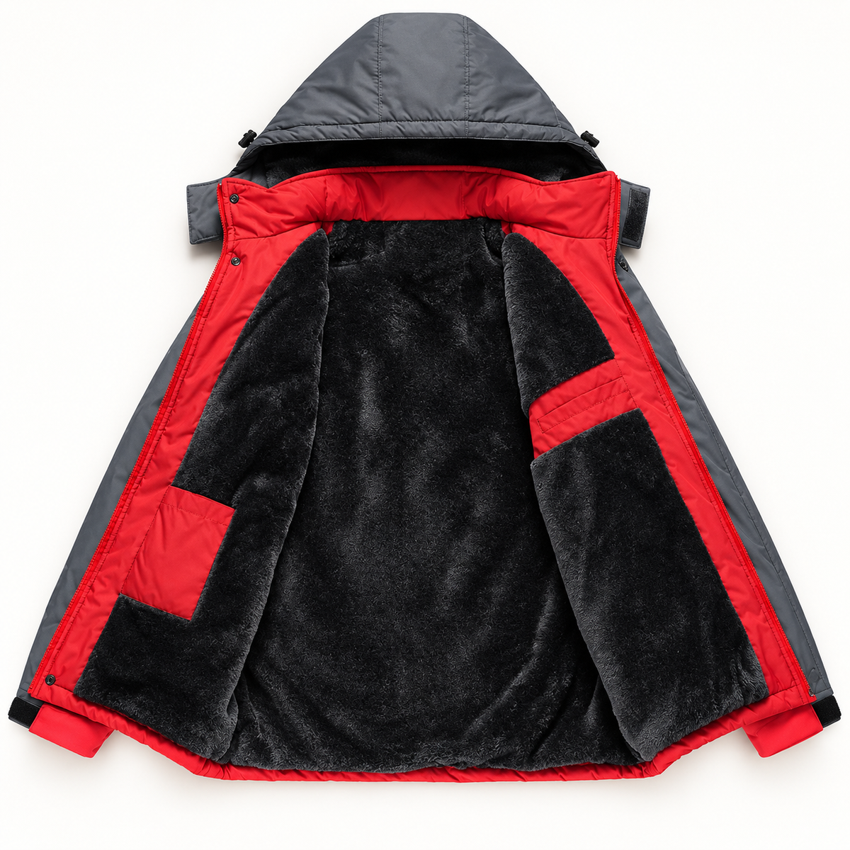 Veste randonnée grand froid rouge et grise ouverte – doublure polaire