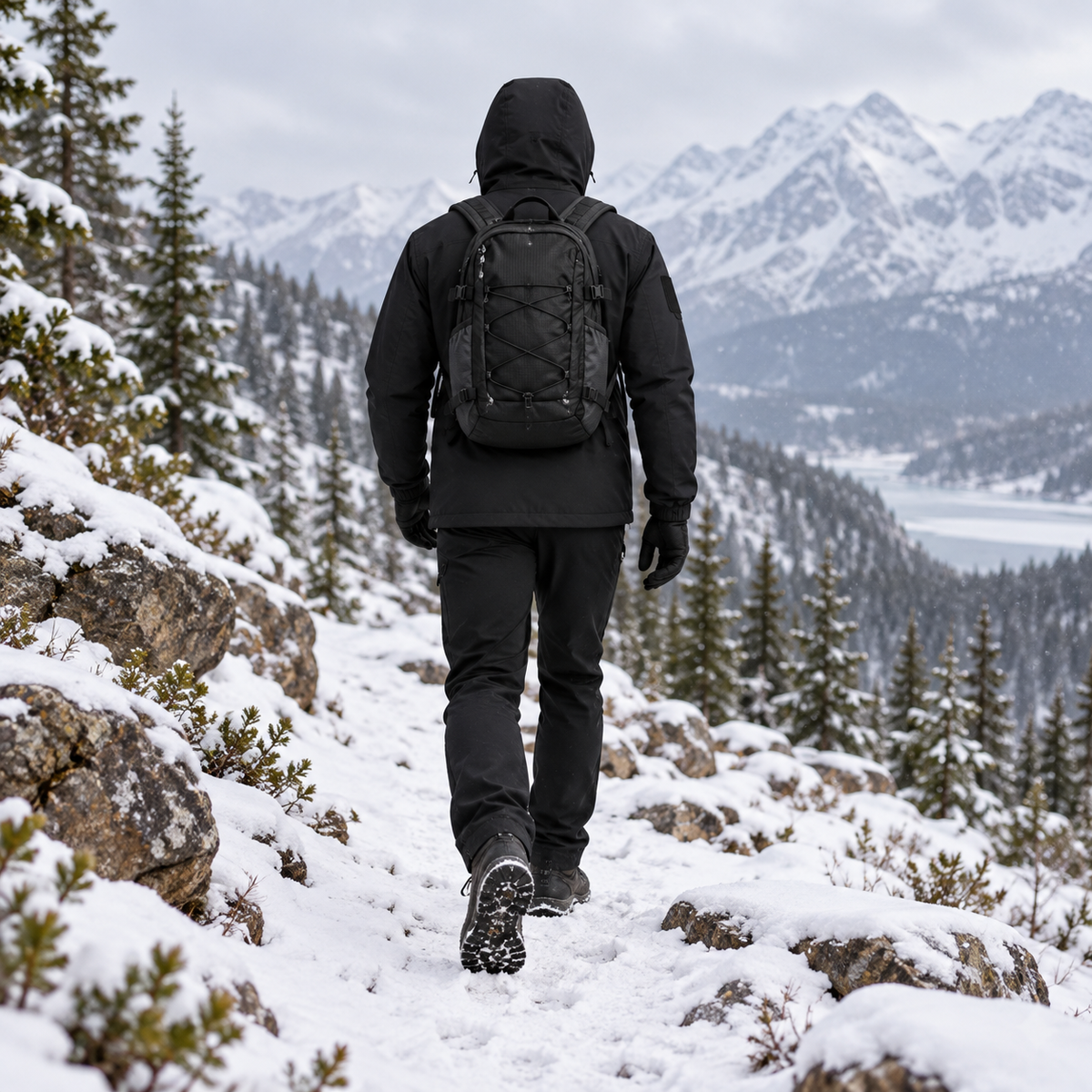 Veste randonnée hiver homme noire portée de dos avec sac