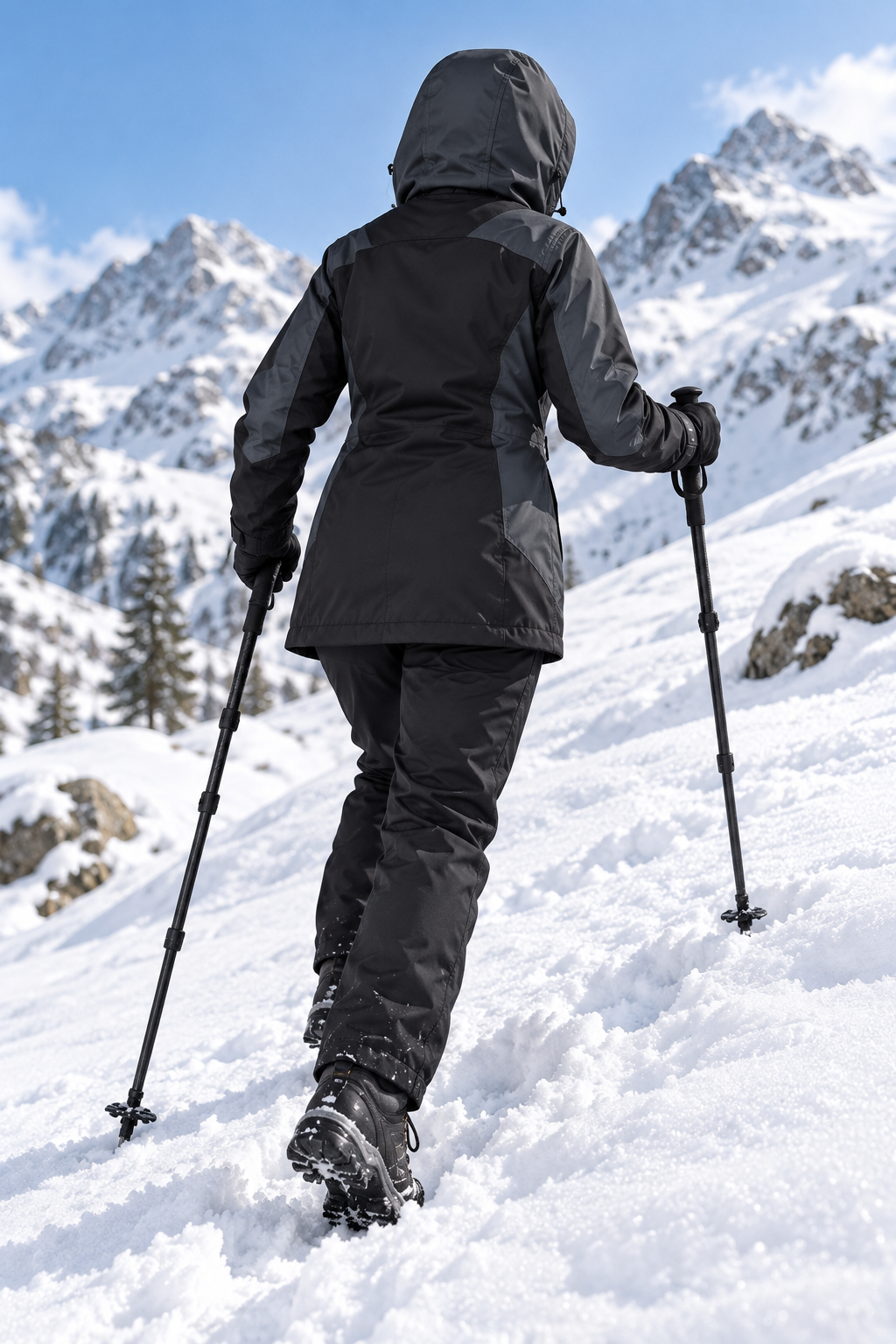 Veste randonnée neige femme noire portée en montée