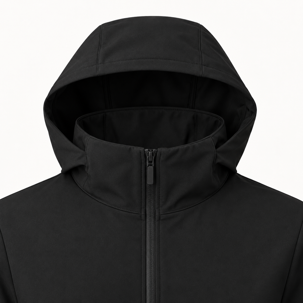 Veste softshell imperméable homme noire – détail capuche et col