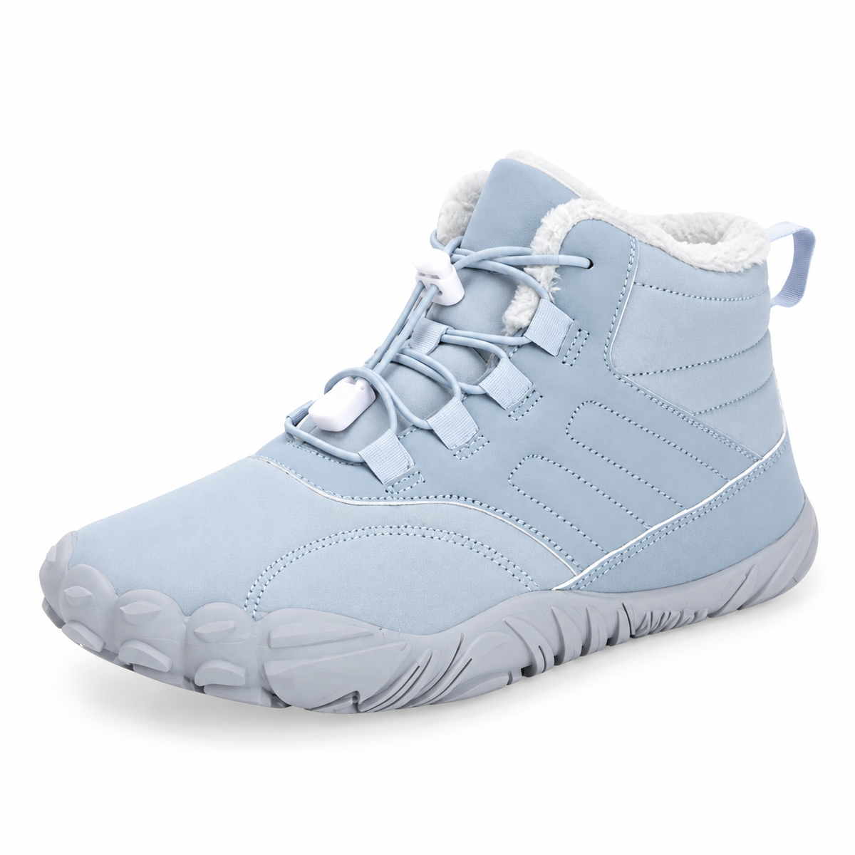 Botte de randonnée bleu ciel – vue trois-quarts sur fond blanc chaud