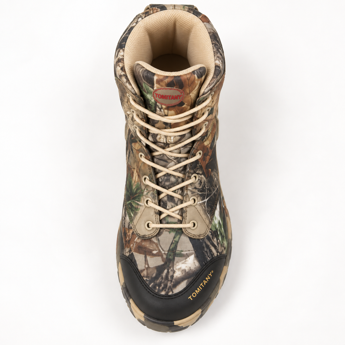 Botte randonnée cuir homme camouflage – vue du dessus et chaussant