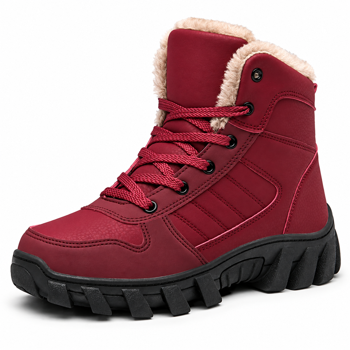 Bottes randonnée marron rouges – vue trois-quarts sur fond blanc