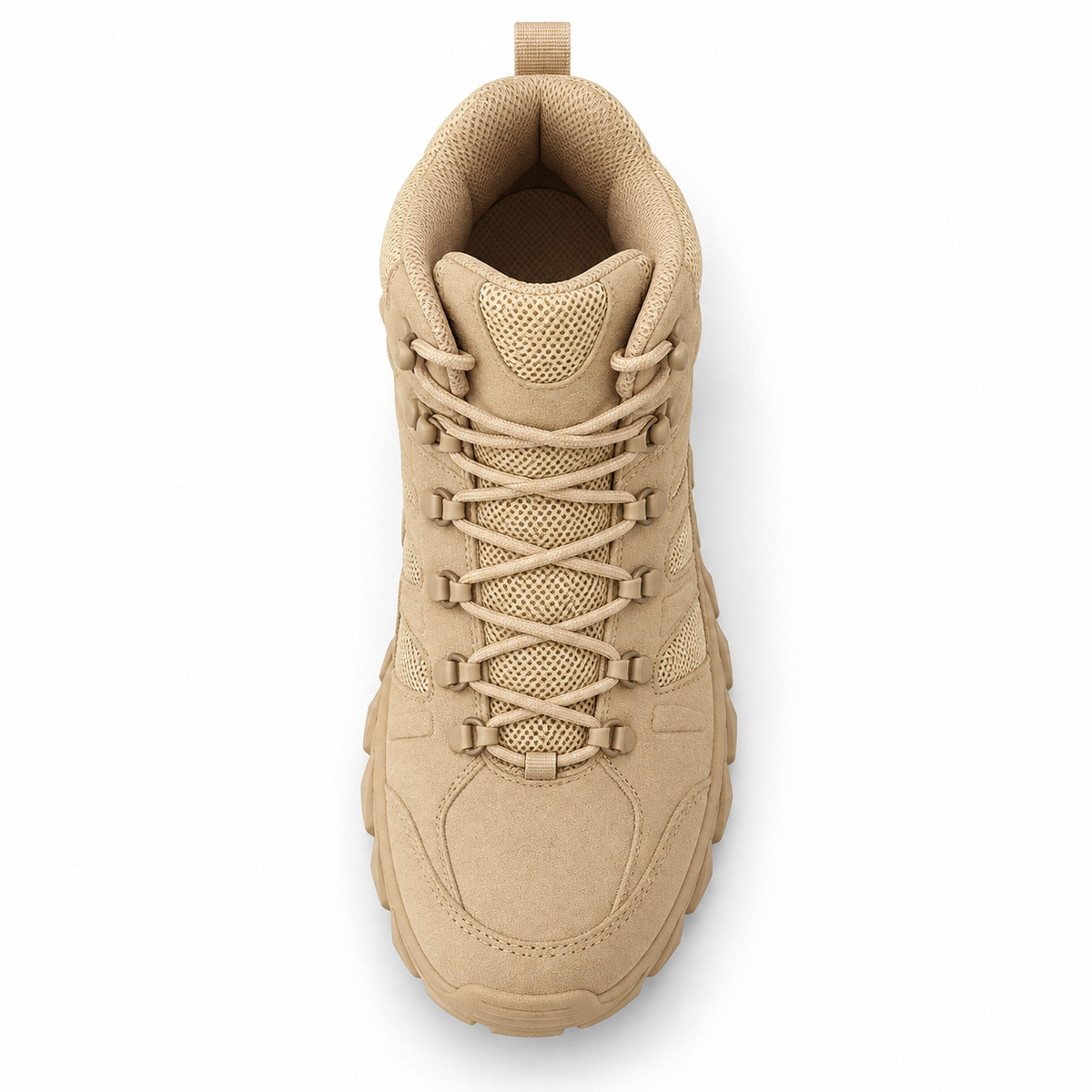 Chaussure cuir haute randonnée beige – vue dessus du chaussant et du laçage