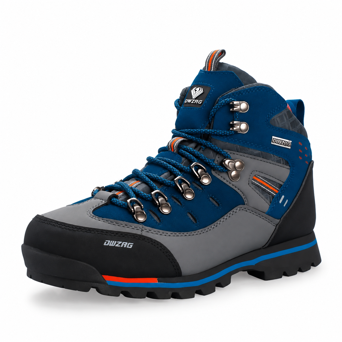 Chaussure randonnée cramponnable bleu marine et gris – vue trois-quarts sur fond blanc