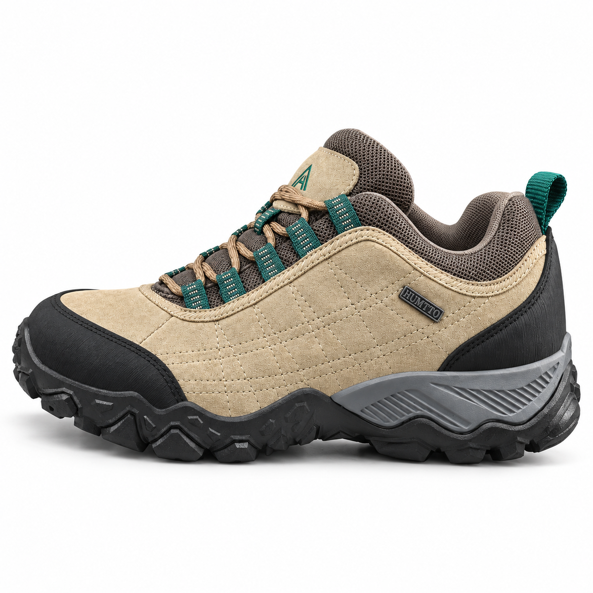 Chaussure de randonnée cuir imperméable femme kaki avec renfort talon noir et insert gris