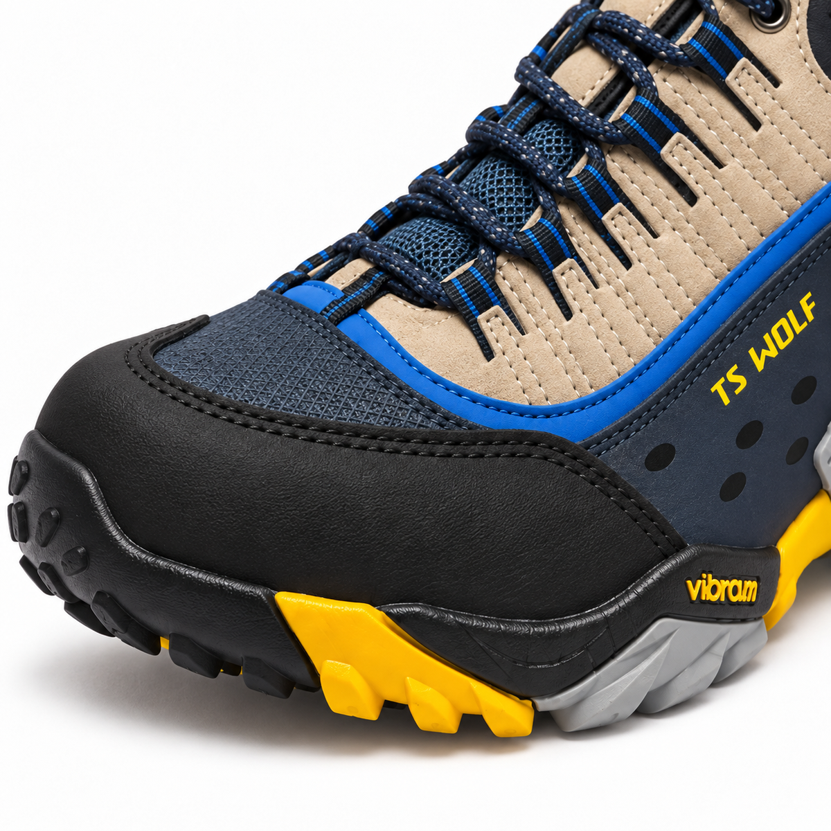 Chaussure randonnée desert jaune – détail du pare-pierres et de la jonction tige-semelle