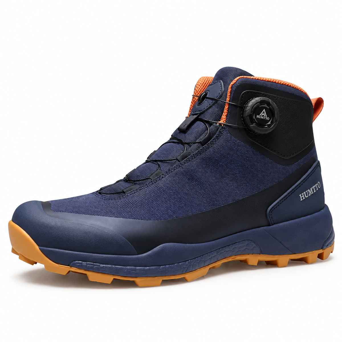 Chaussure de randonnée femme orthopédique bleu nuit et orange en vue trois-quarts