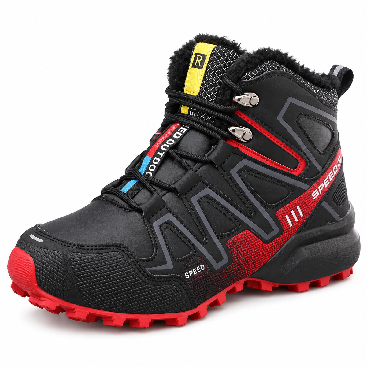 Chaussure randonnée hiver homme rouge – détail pare-pierres et avant-pied