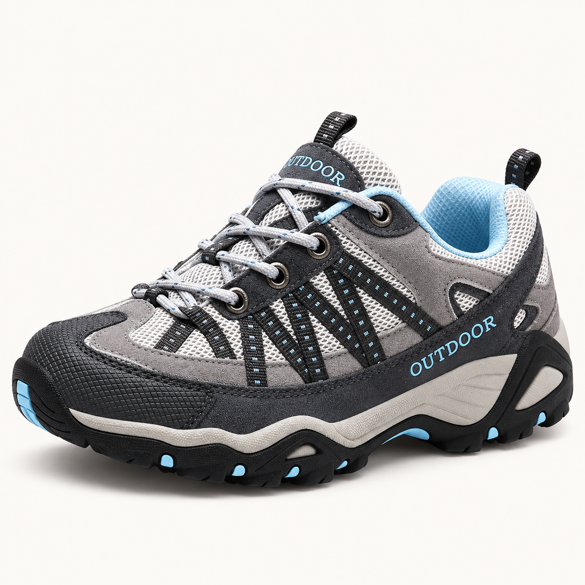 Chaussure randonnée légère et polyvalente gris clair et bleu sur fond blanc