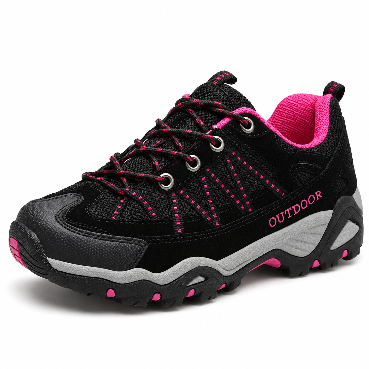 Chaussure randonnée mailles noire et rose en vue trois-quarts sur fond blanc chaud