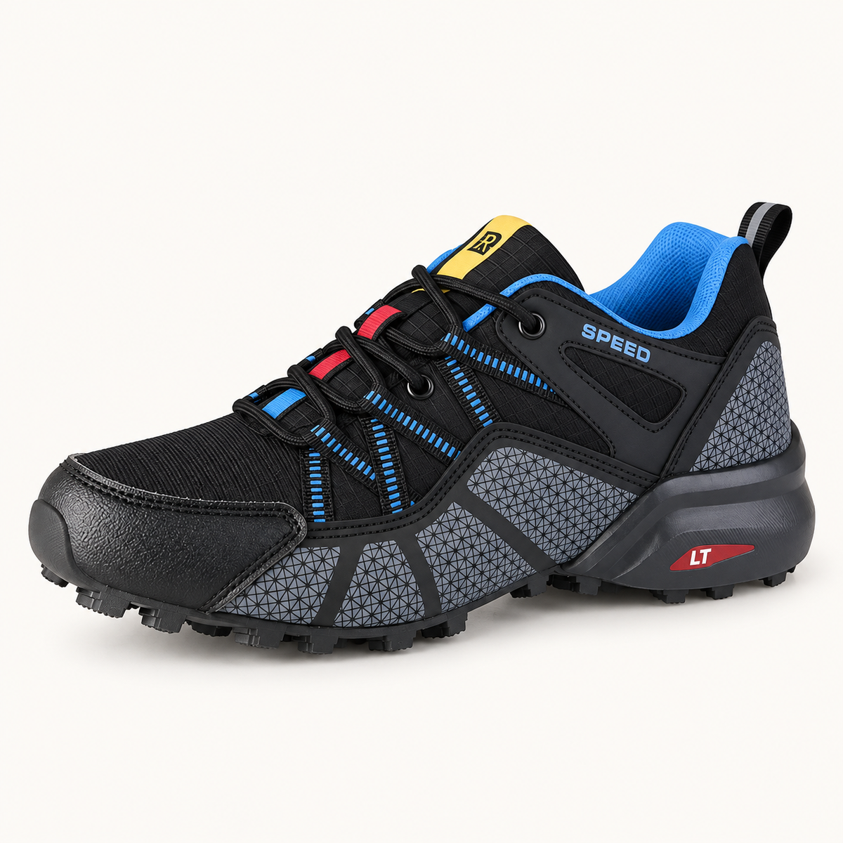 Chaussure randonnée rapide Bleue en vue trois-quarts sur fond blanc chaud
