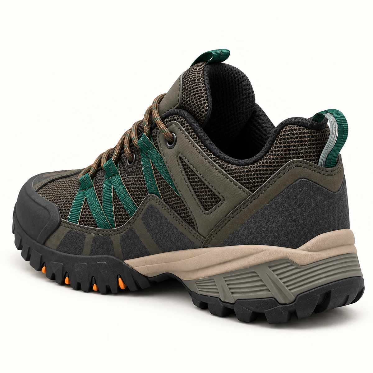Chaussure randonnée toute saison vert olive – talon et col vus arrière trois-quarts