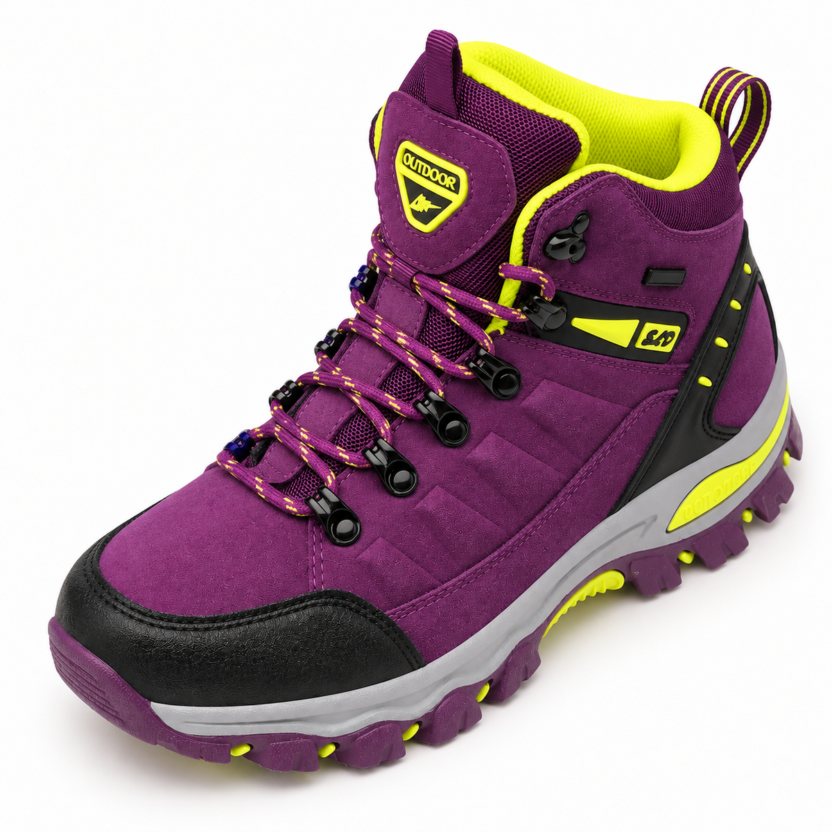 Chaussure randonnée violette et jaune vue haute, avant-pied, laçage et col montant visibles