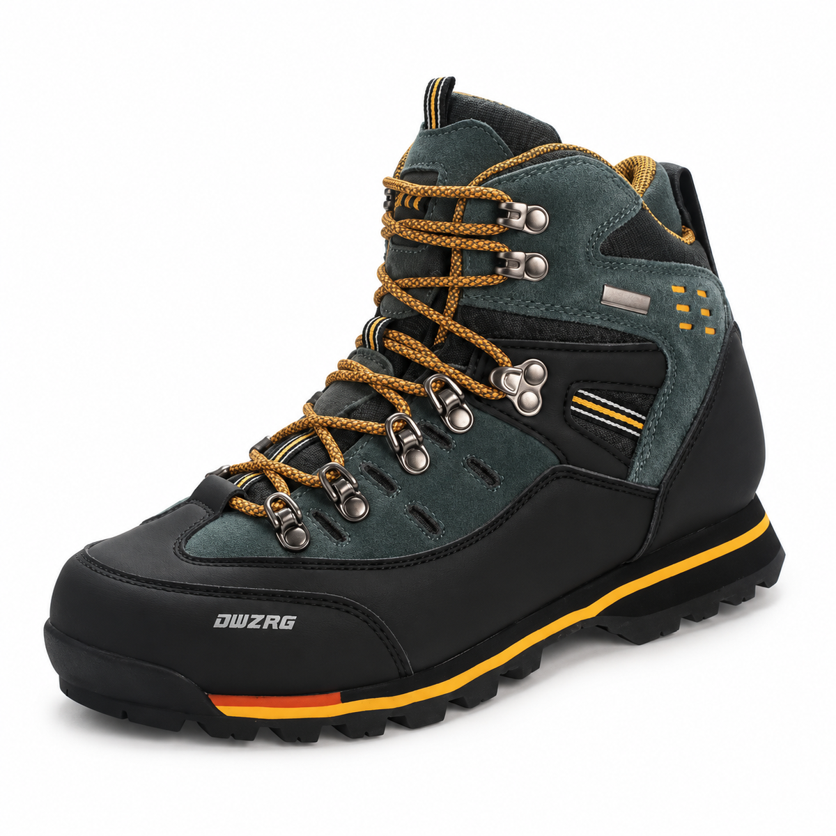 Chaussure randonnée crantée Grise vert foncé et ocre en vue trois-quarts sur fond blanc chaud