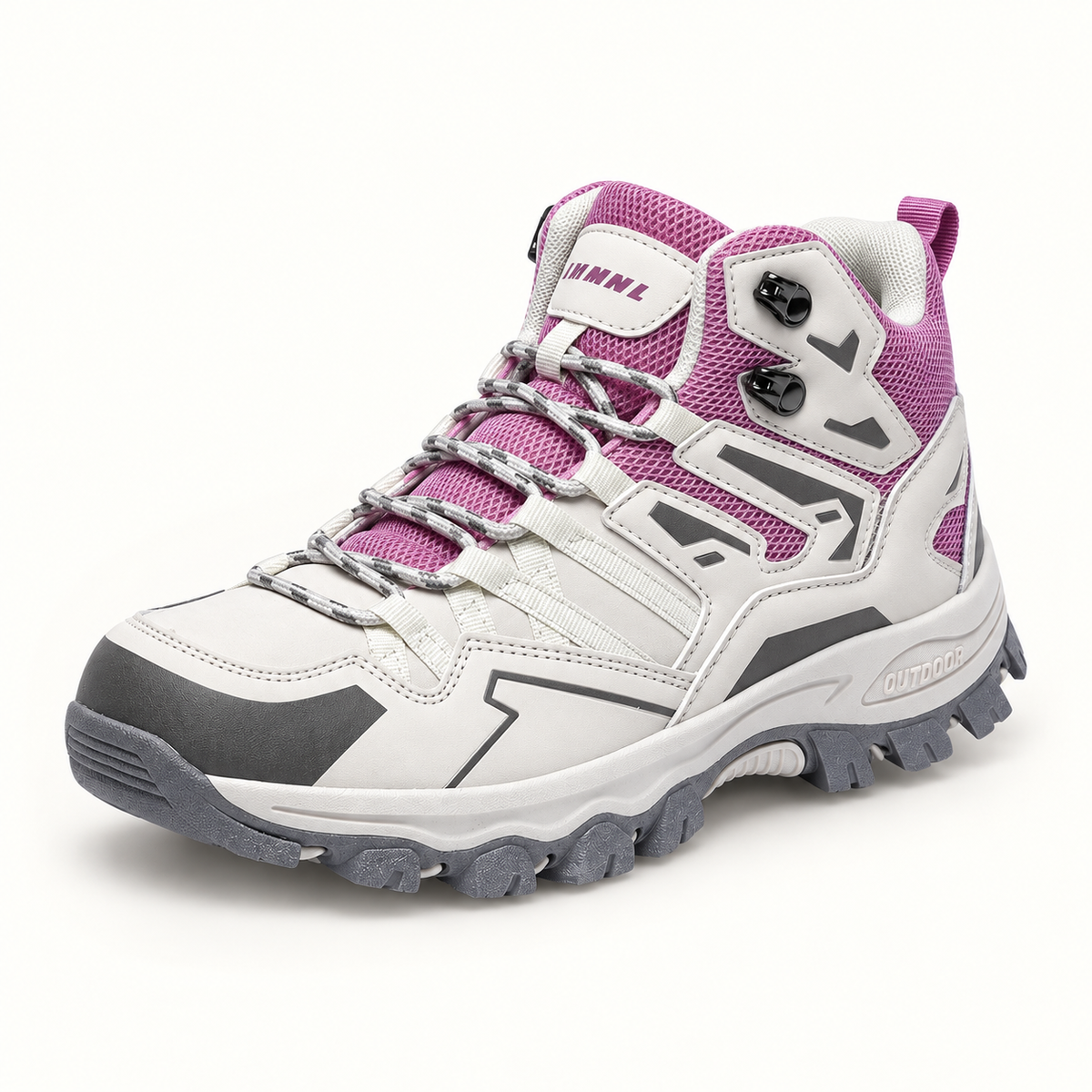 Chaussures randonnée femme beige et violette – vue trois-quarts sur fond blanc chaud