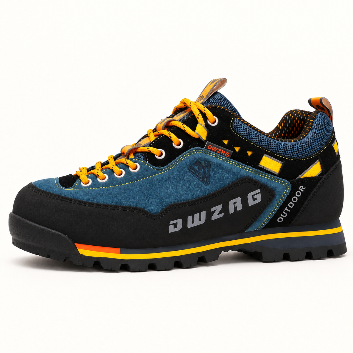 Chaussure randonnée jaune vue de profil montrant protection et semelle attachée