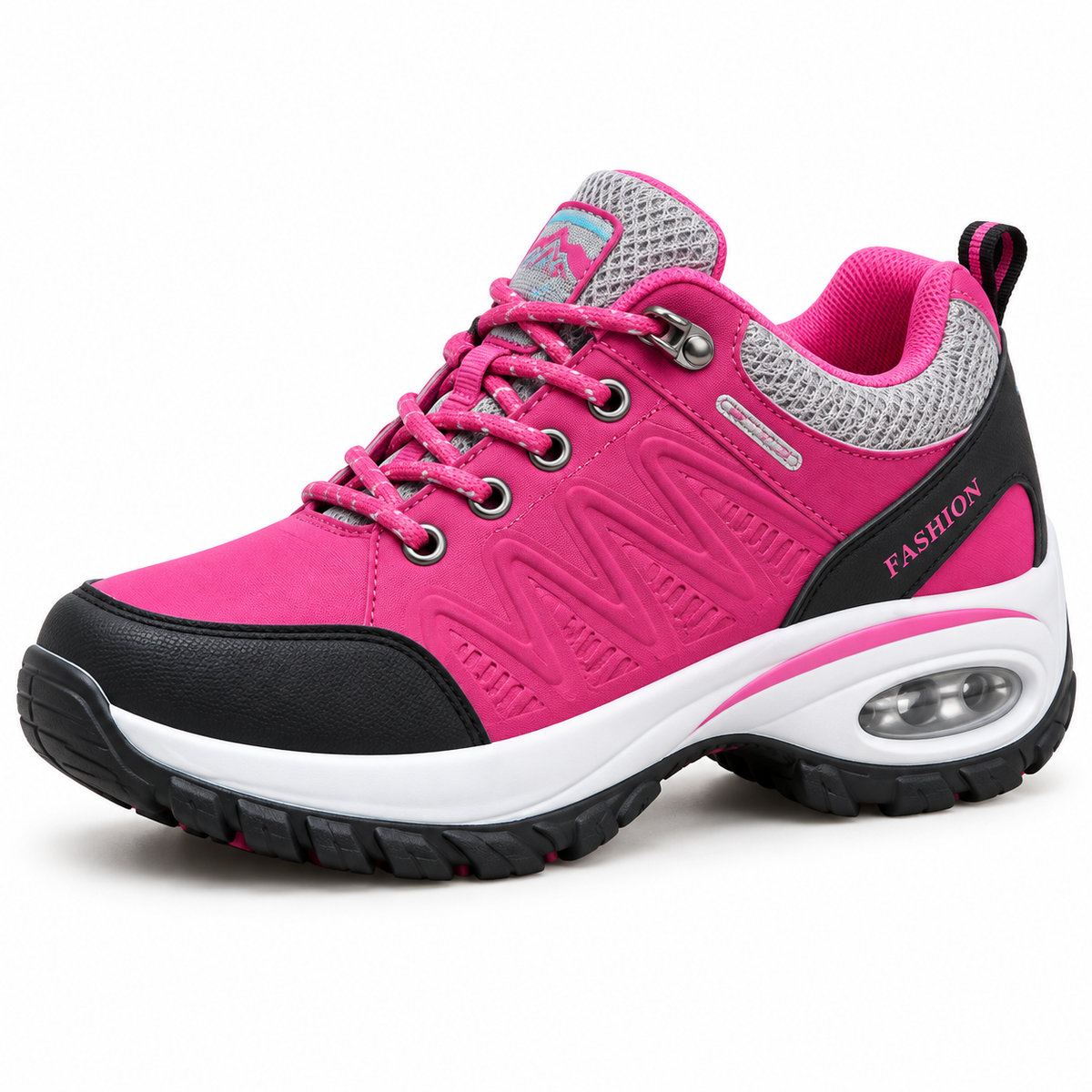 Chaussures de randonnée rose et noir – vue trois-quarts sur fond blanc chaud