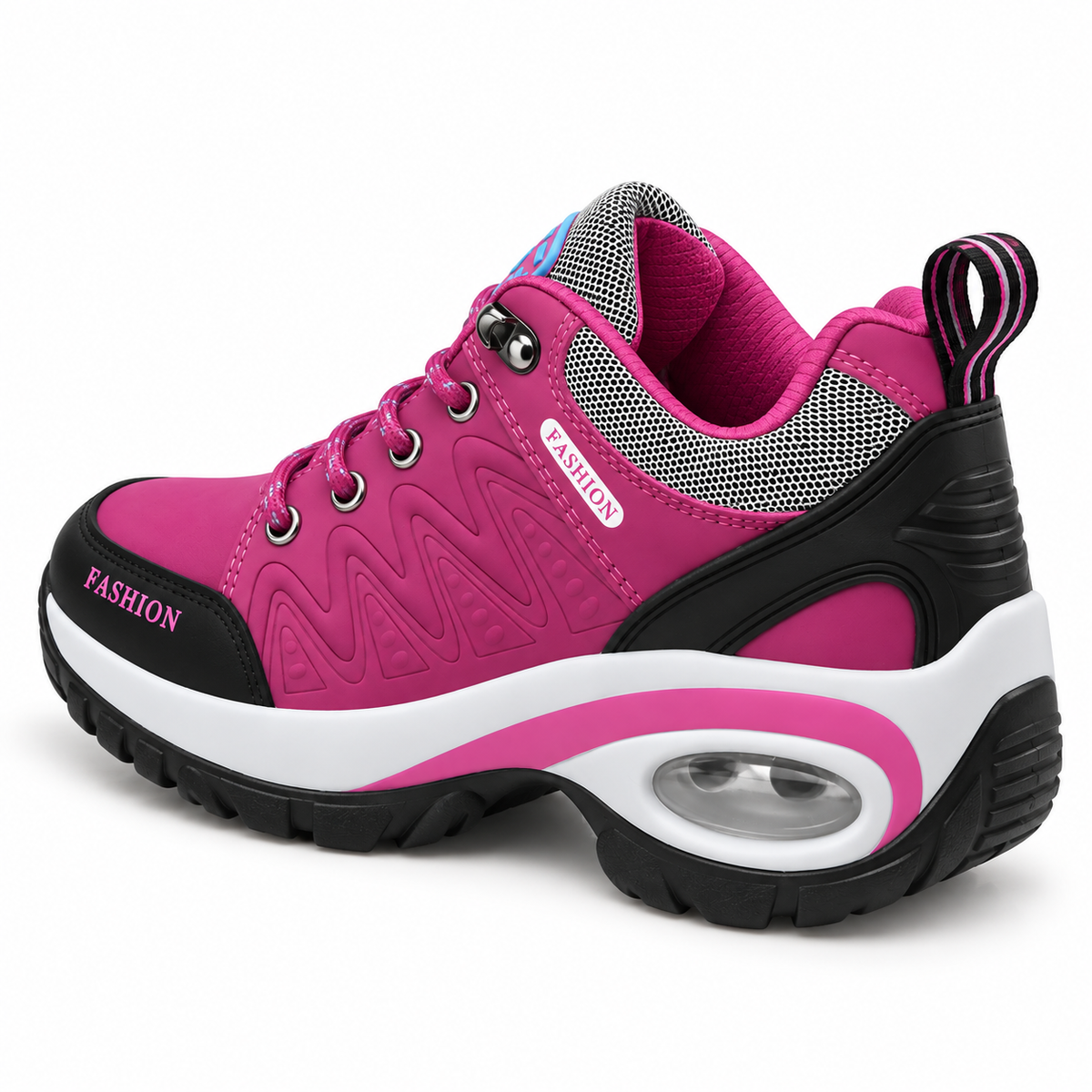 Chaussure randonnée rose vue arrière trois-quarts, col, tirette et talon visibles