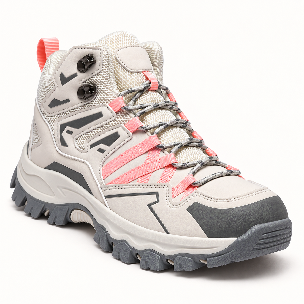 Chaussure randonnée semi montante femme rose complète vue de face, forme et protection avant-pied visibles