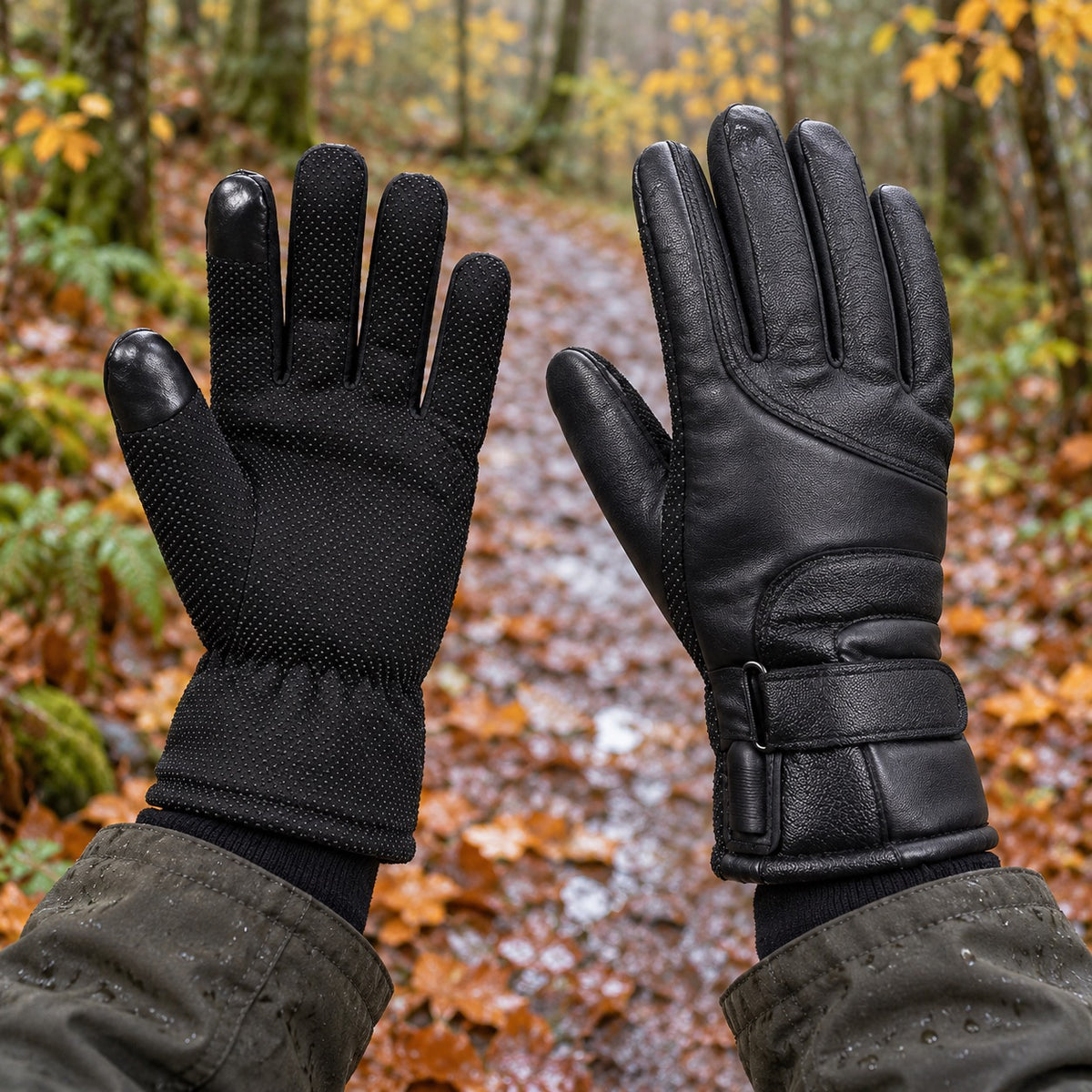 Gant chauffant tactile — portés en forêt humide, dos et paume visibles