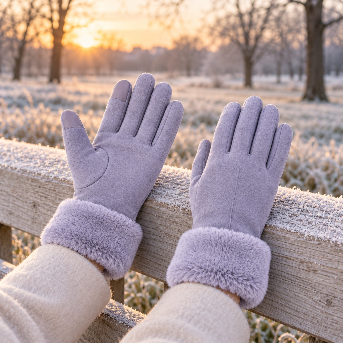 Gants chauffants femme randonnée — paire portée dans un parc givré