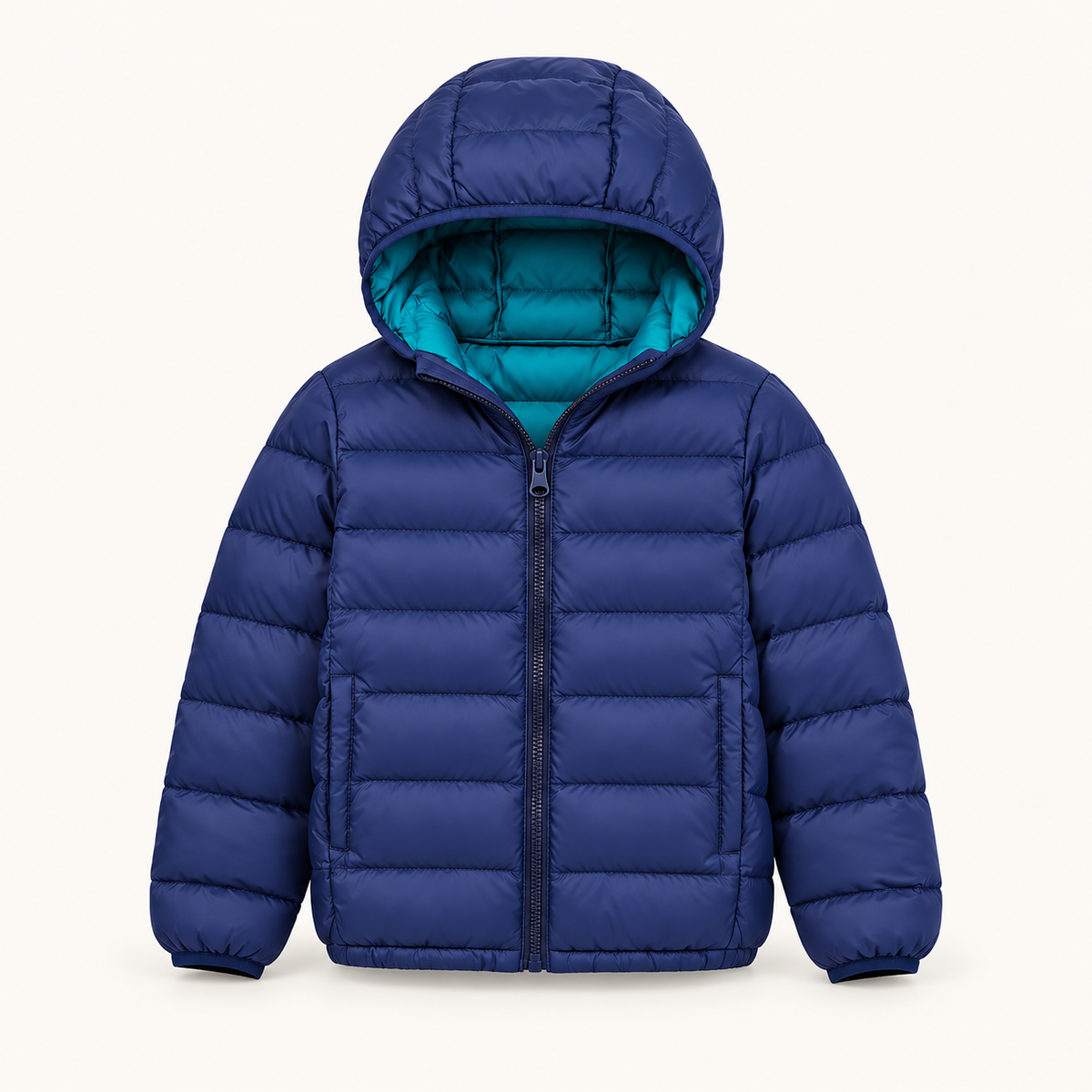 Doudoune légère randonnée enfant bleu marine – capuche déployée