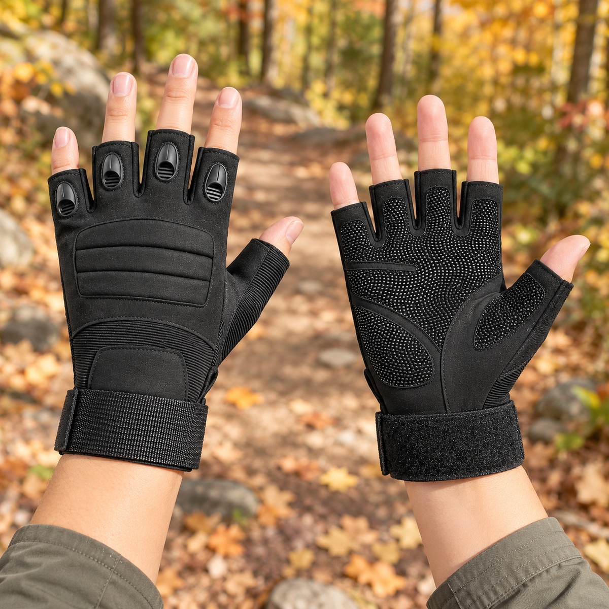Gants tactiques femme noirs portés sur un sentier automnal