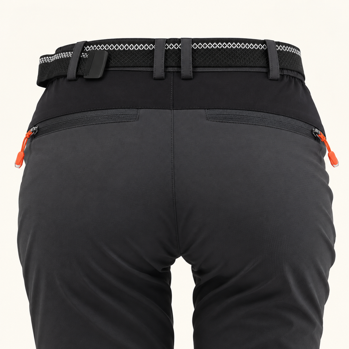 Pantalon fuseau de randonnée gris – taille, ceinture et poches arrière zippées