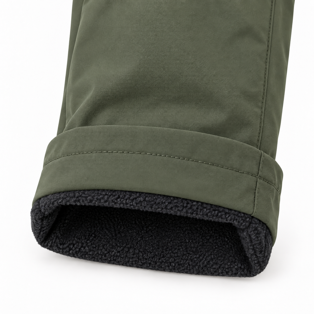 Pantalon randonnée automne homme vert — détail doublure polaire