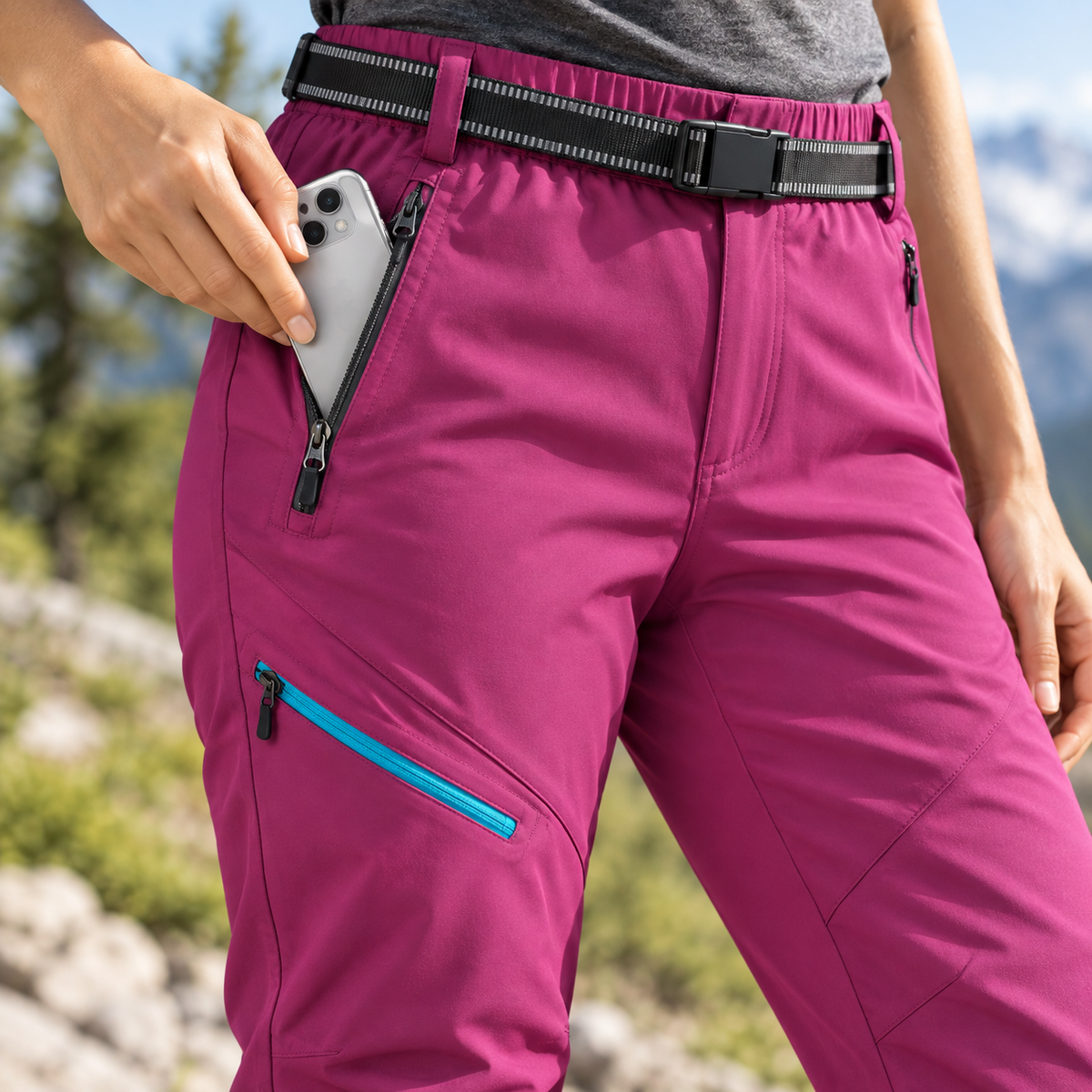 Pantalon randonnée femme grande taille — téléphone rangé dans une poche zippée