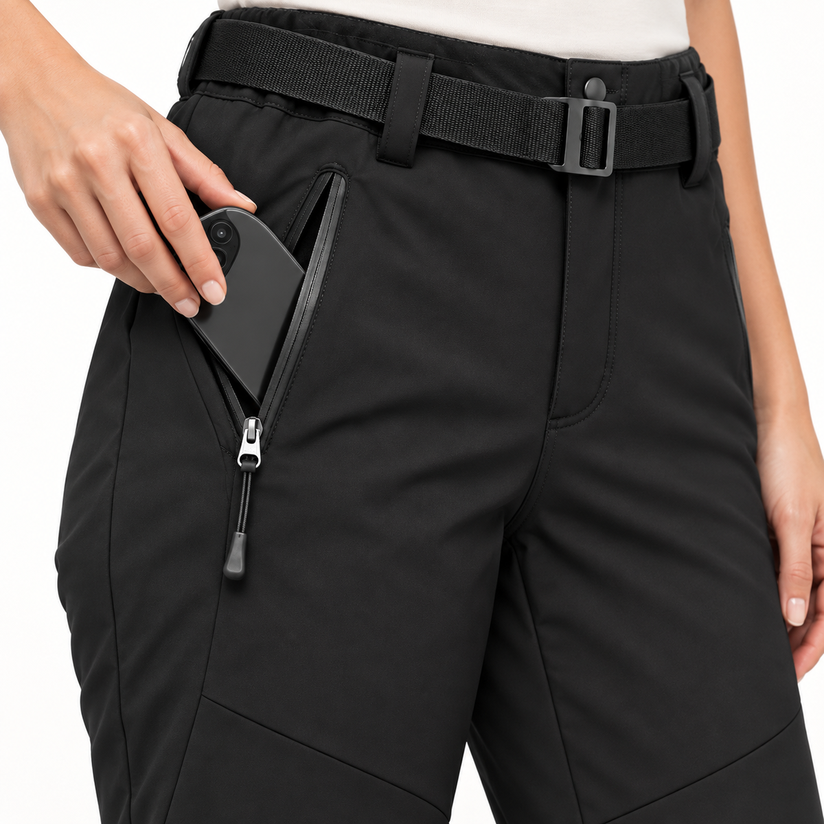 Pantalon randonnée femme large noir — téléphone rangé dans la poche zippée