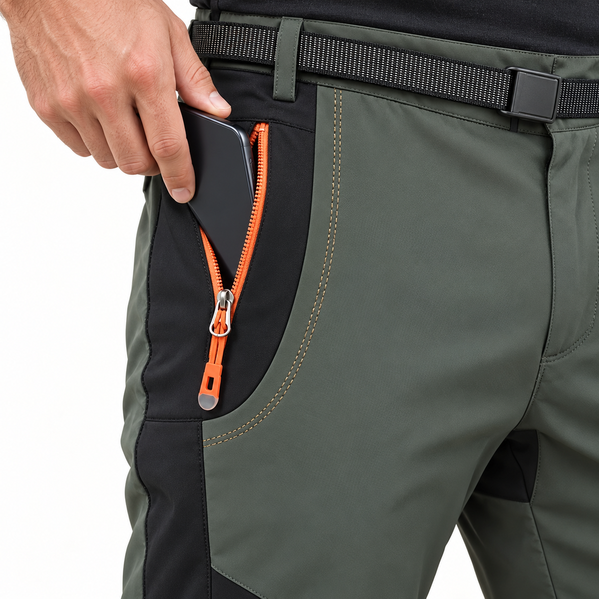 Poche zippée orange du pantalon de randonnée homme grande taille