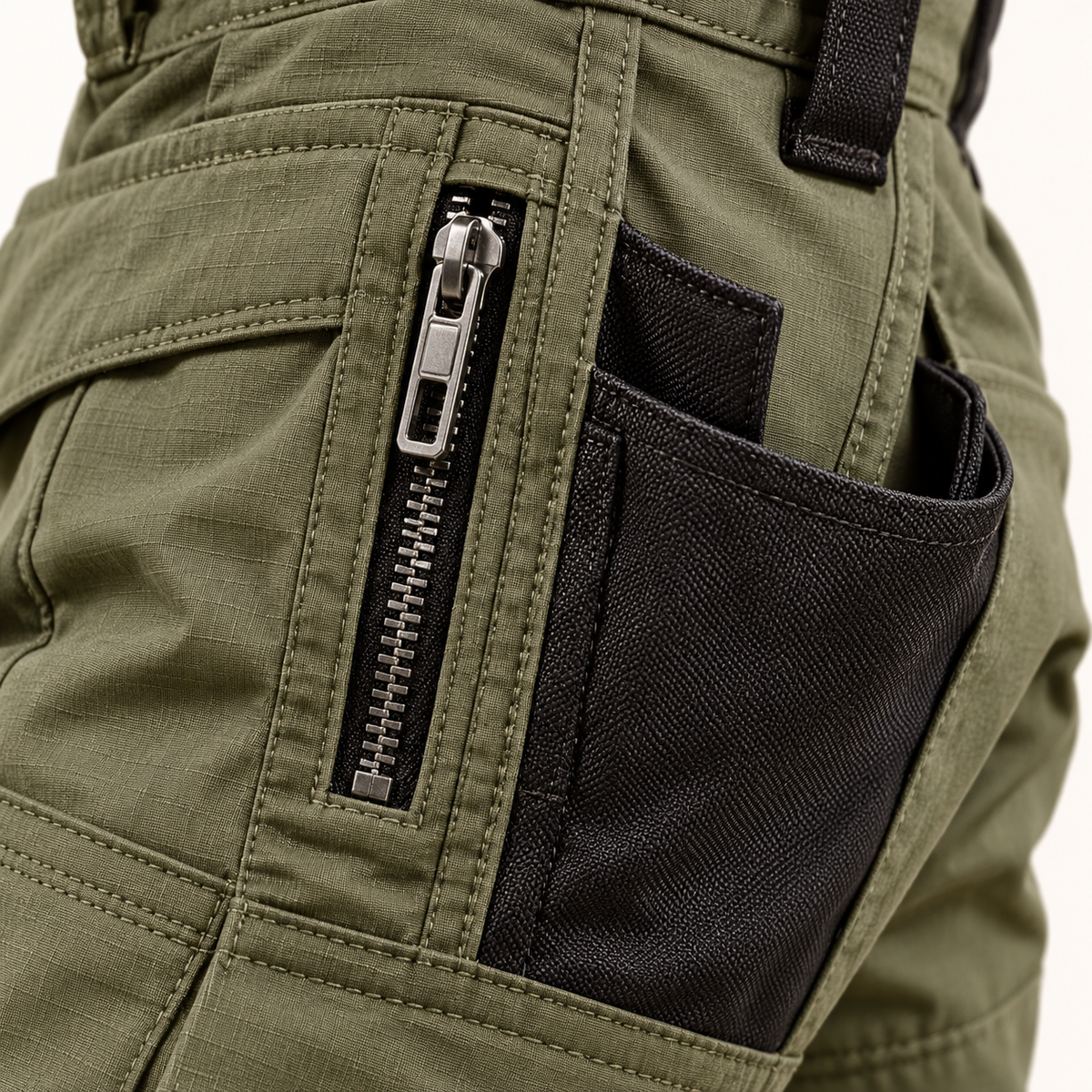 Fermetures du pantalon randonnée multi poches kaki