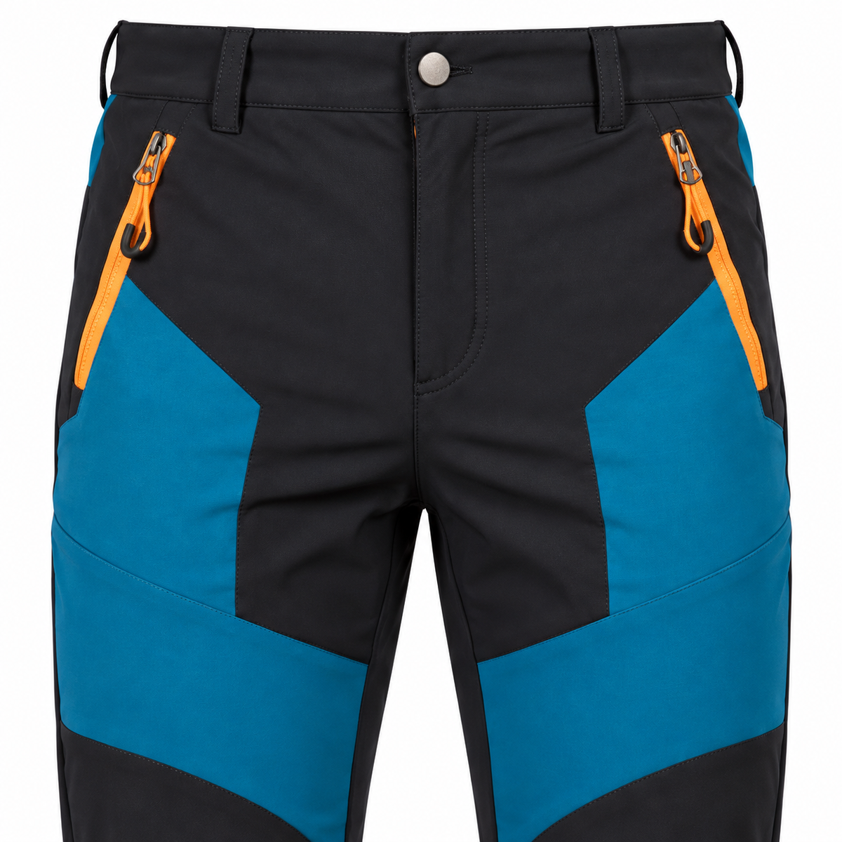 Pantalon randonnée respirant bleu et noir — détail taille et poches zippées