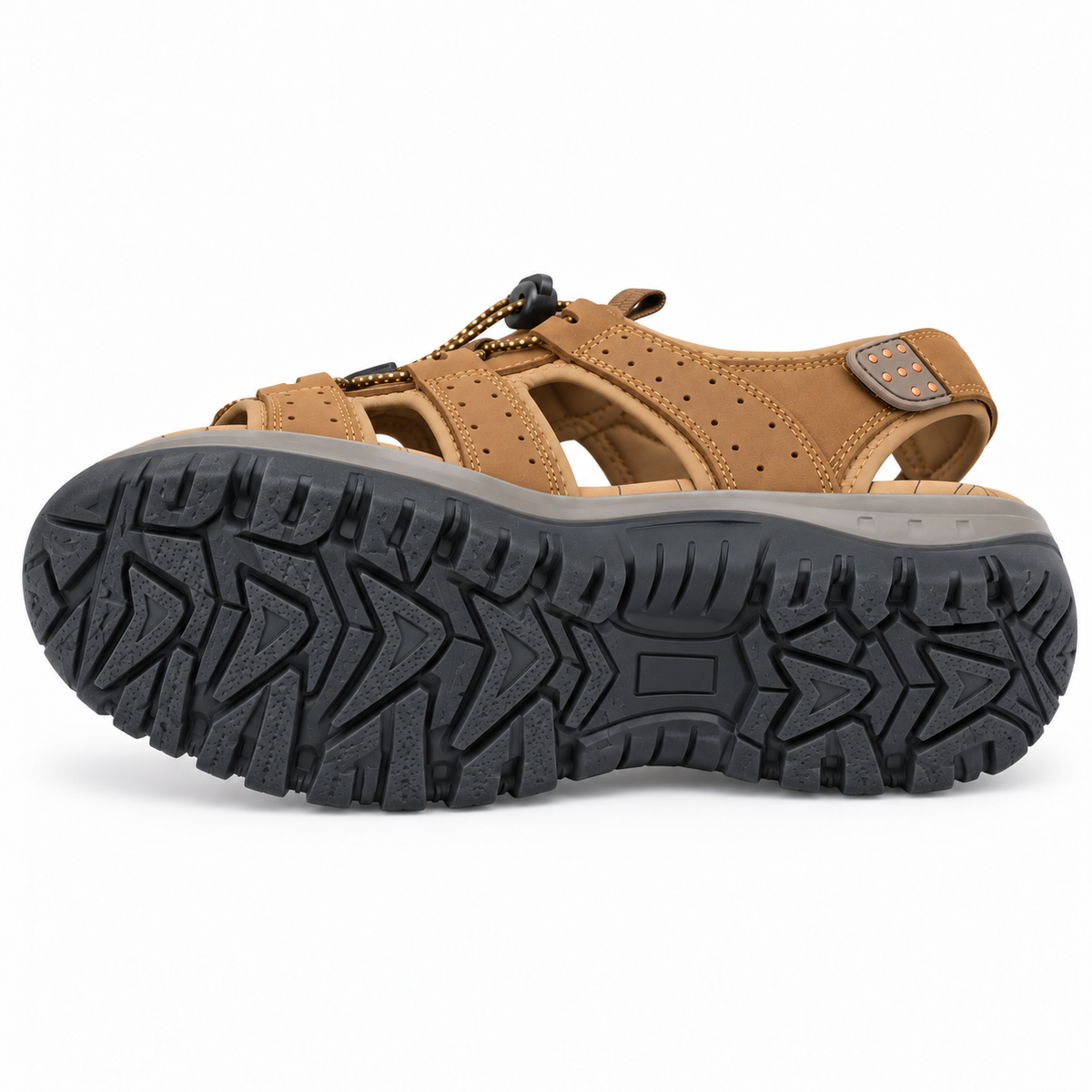 Sandale kaki femme marron clair complète avec semelle crantée attachée vue en angle oblique