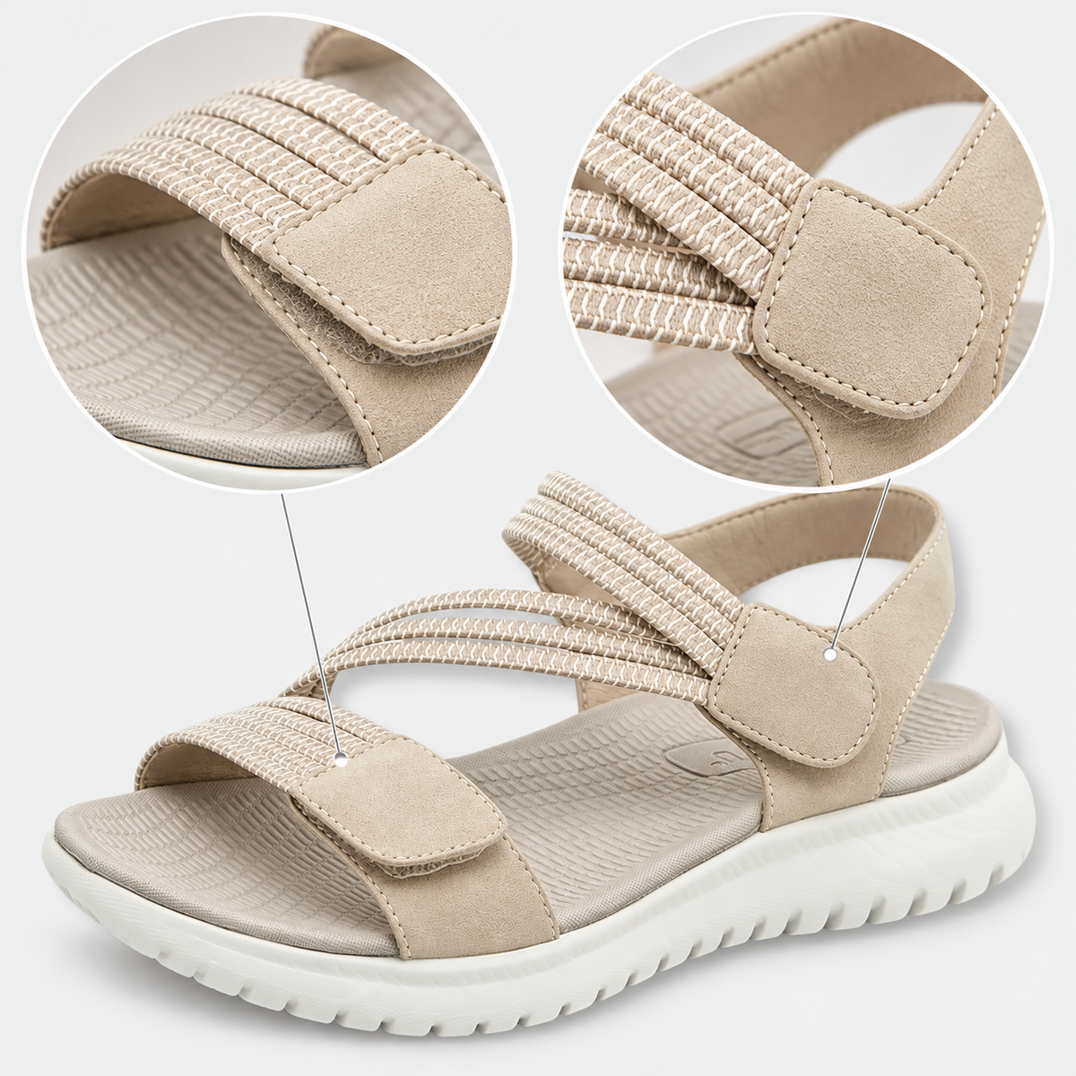 Sandale de randonnée femme beige – détail des brides Velcro et cordons élastiques