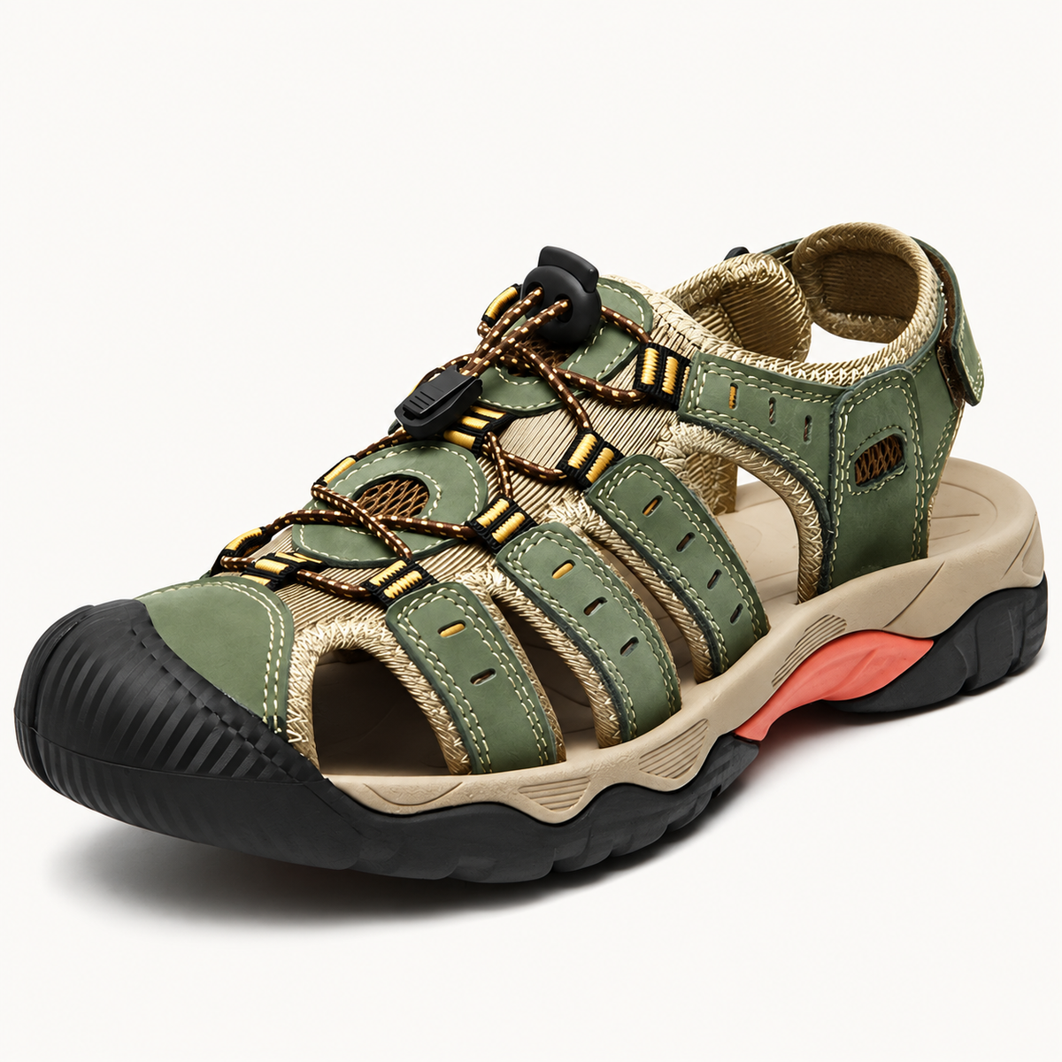 Sandales intérieur cuir randonnée vert olive et beige – vue trois-quarts