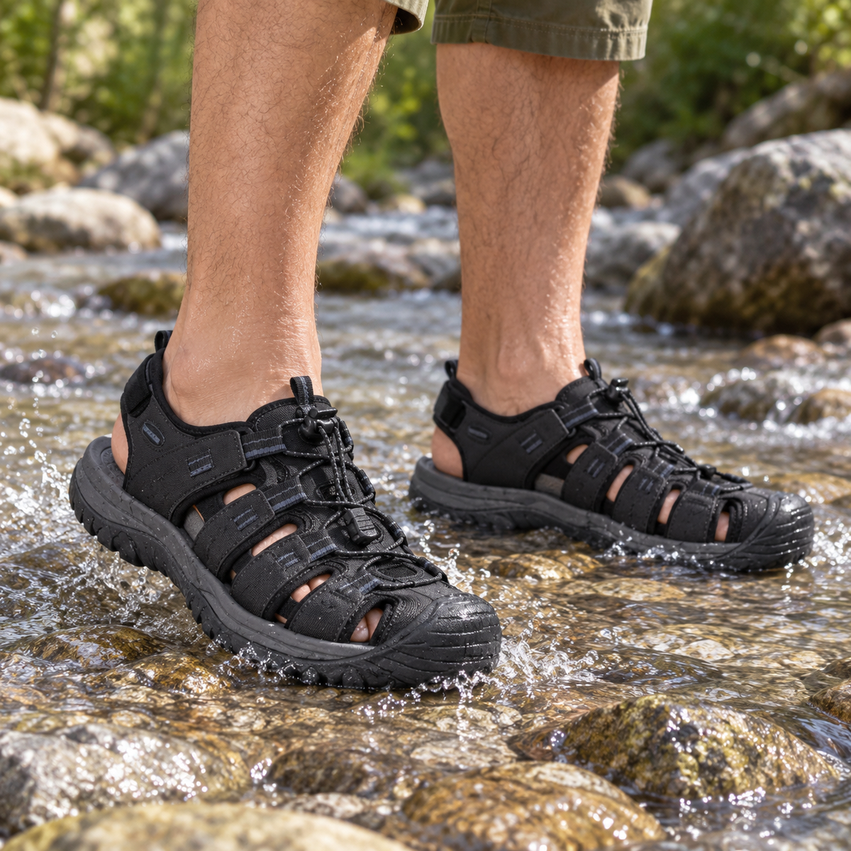 Sandales randonnée pour pied large dans un ruisseau