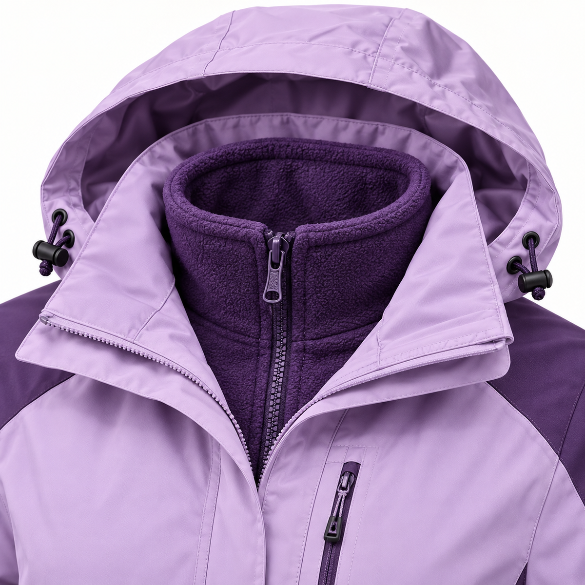 Veste coupe vent femme randonnée – détail capuche et col polaire