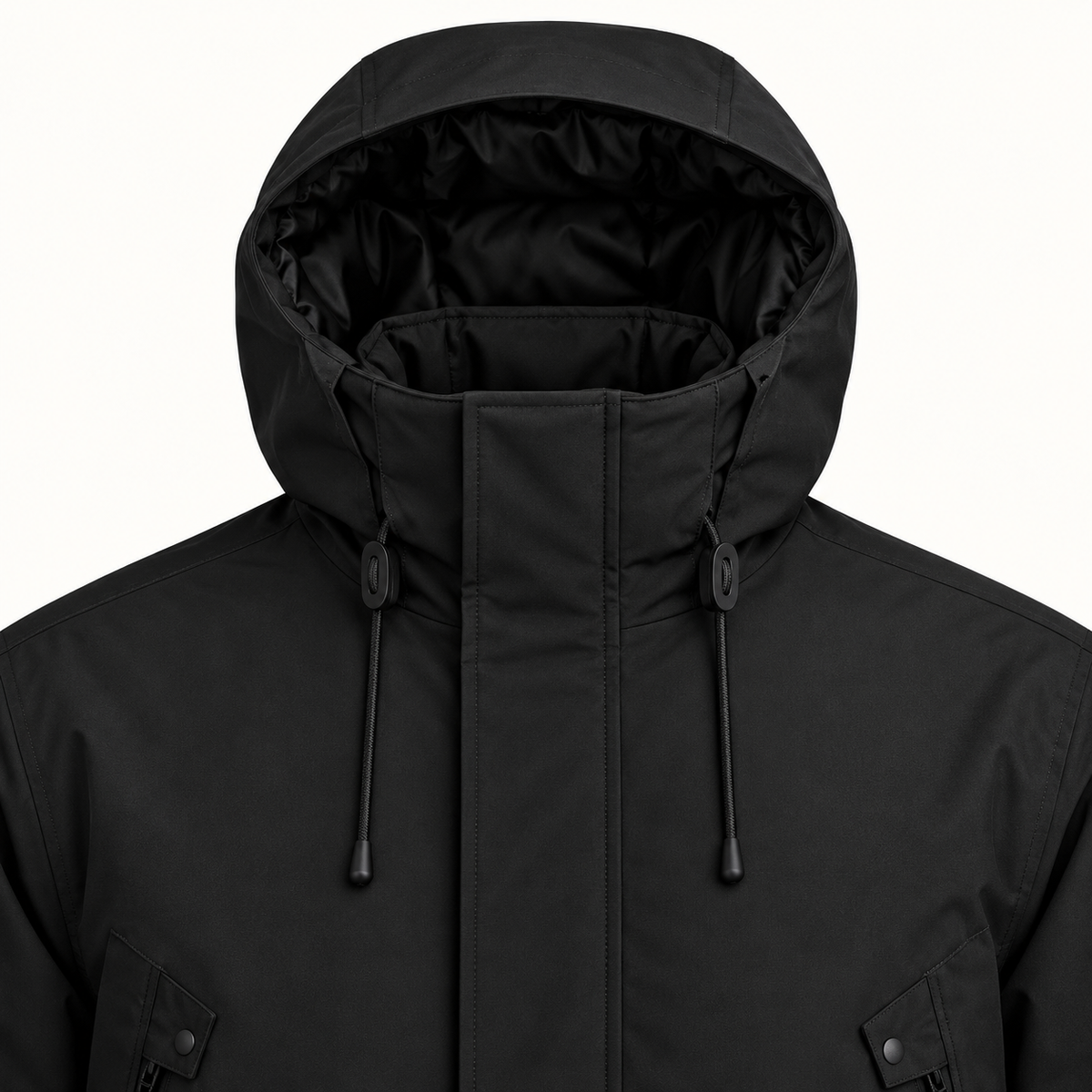 Veste randonnée hiver homme noire – détail capuche et col