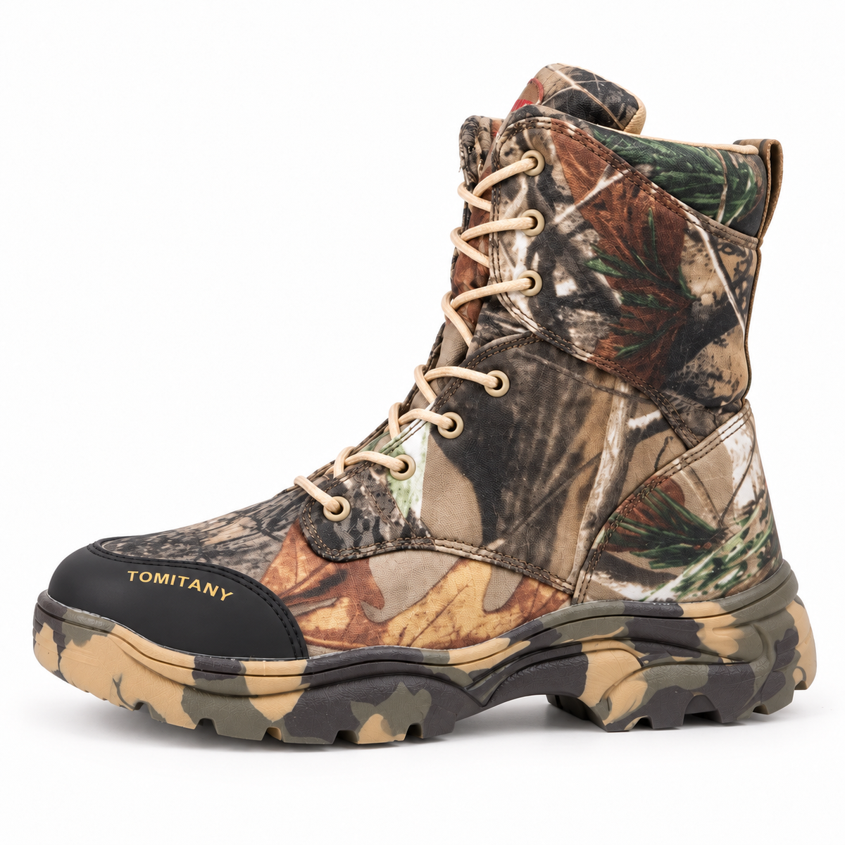 Botte randonnée cuir homme camouflage complète vue de profil sur fond blanc chaud