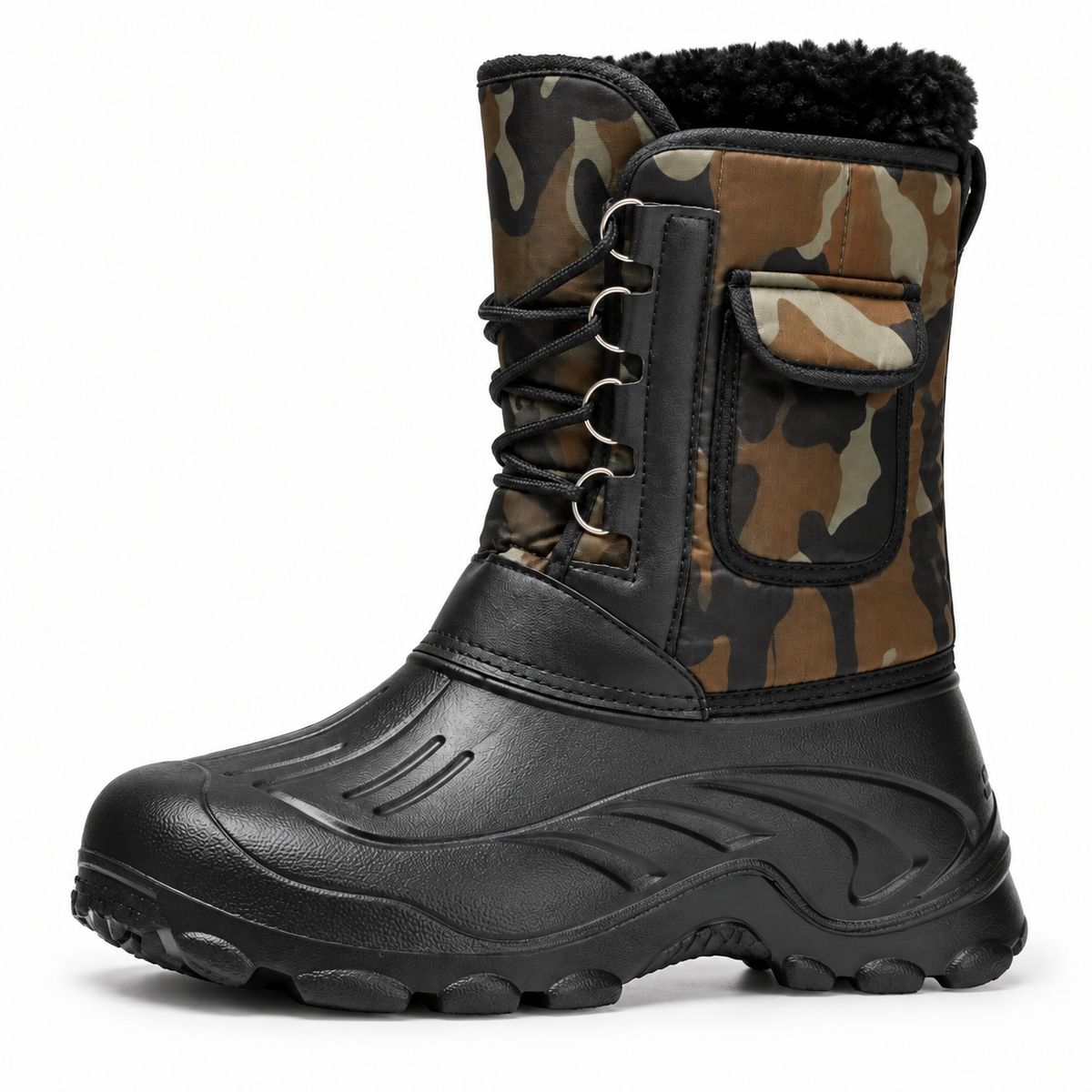 Botte randonnée neige homme camouflage complète vue de profil sur fond blanc chaud