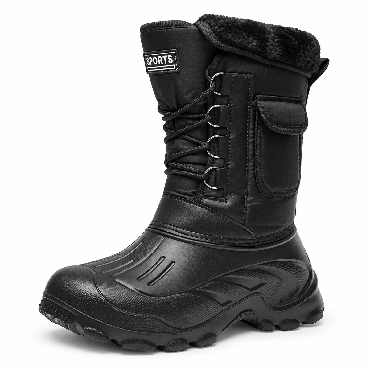 Botte randonnée neige homme noire – vue trois-quarts sur fond blanc