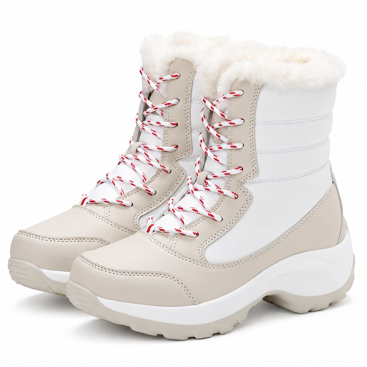 Bottes randonnée neige femme beige et blanc sur fond blanc chaud