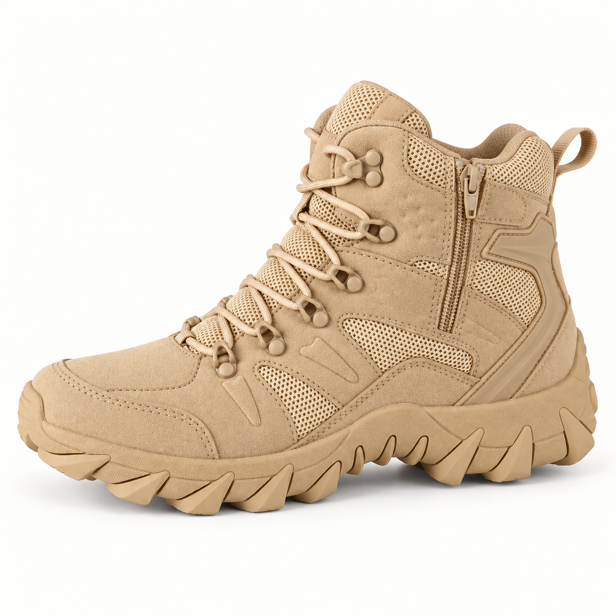 Chaussure cuir haute randonnée beige complète vue de profil sur fond blanc chaud